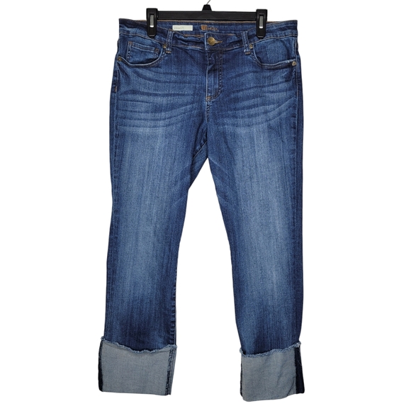 Kut from the Kloth Denim - KUT from the Kloth Straight Leg Jeans Frayed Crop Cuff Blue Stretch Womens 12
